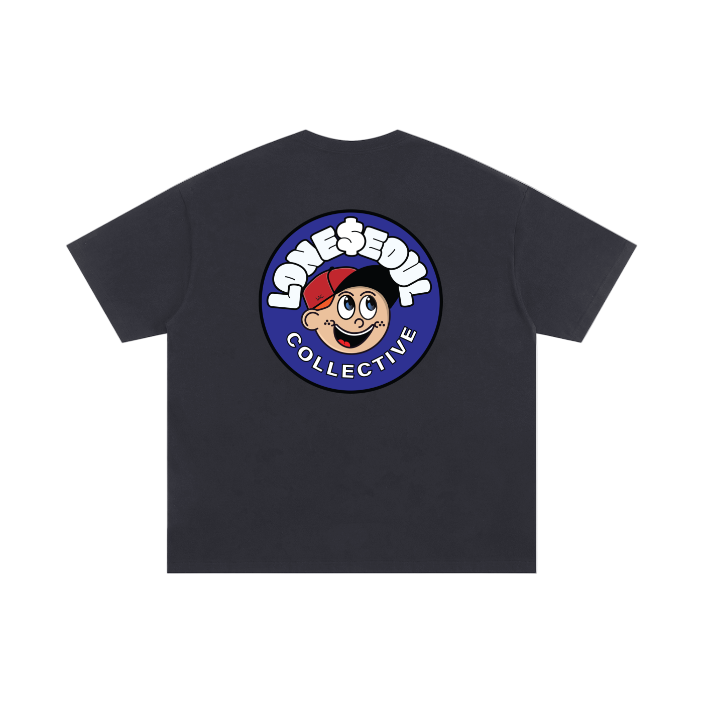 Black t-shirt with a colorful logo on the back against a white background
