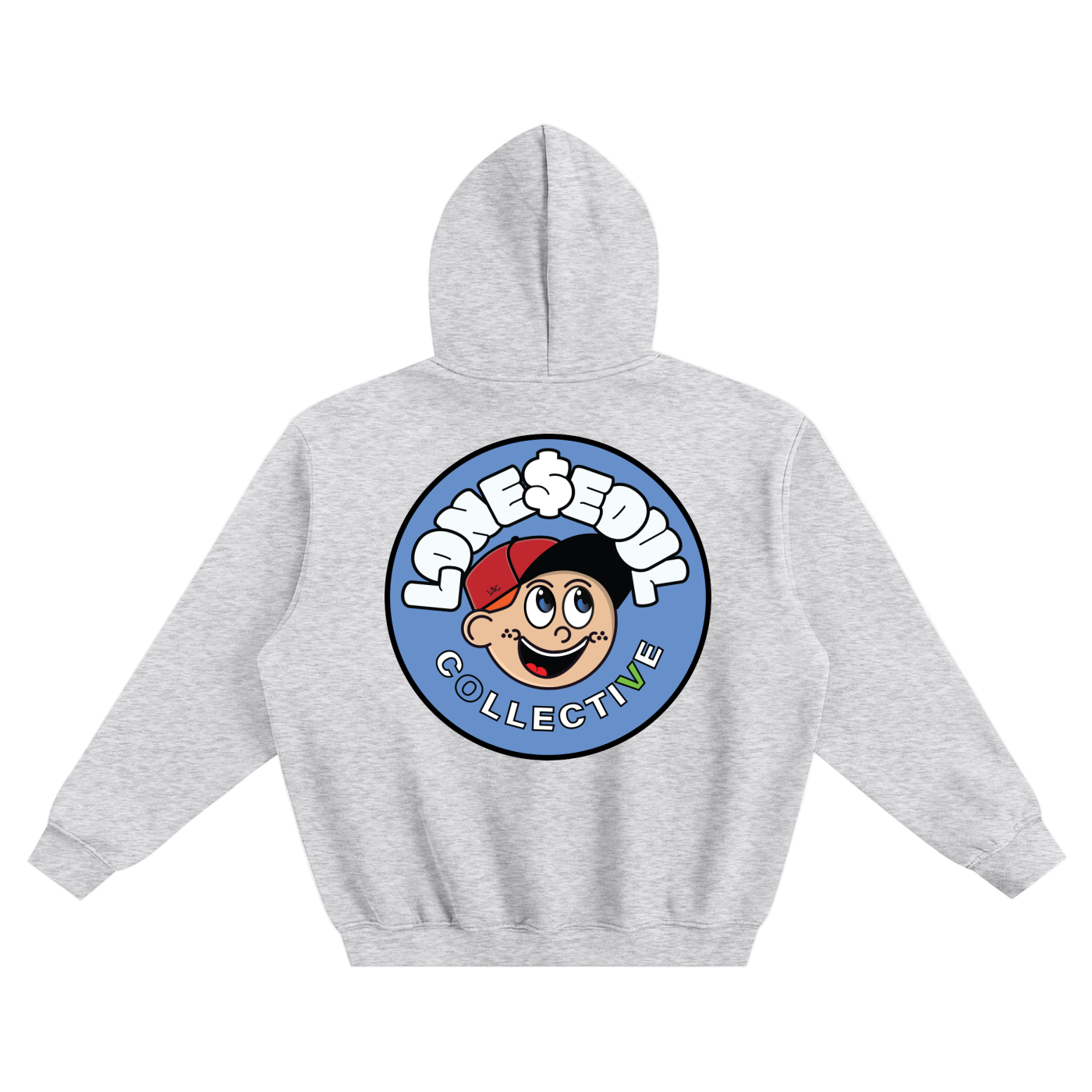 Gray hoodie with a colorful logo on the back against a white background