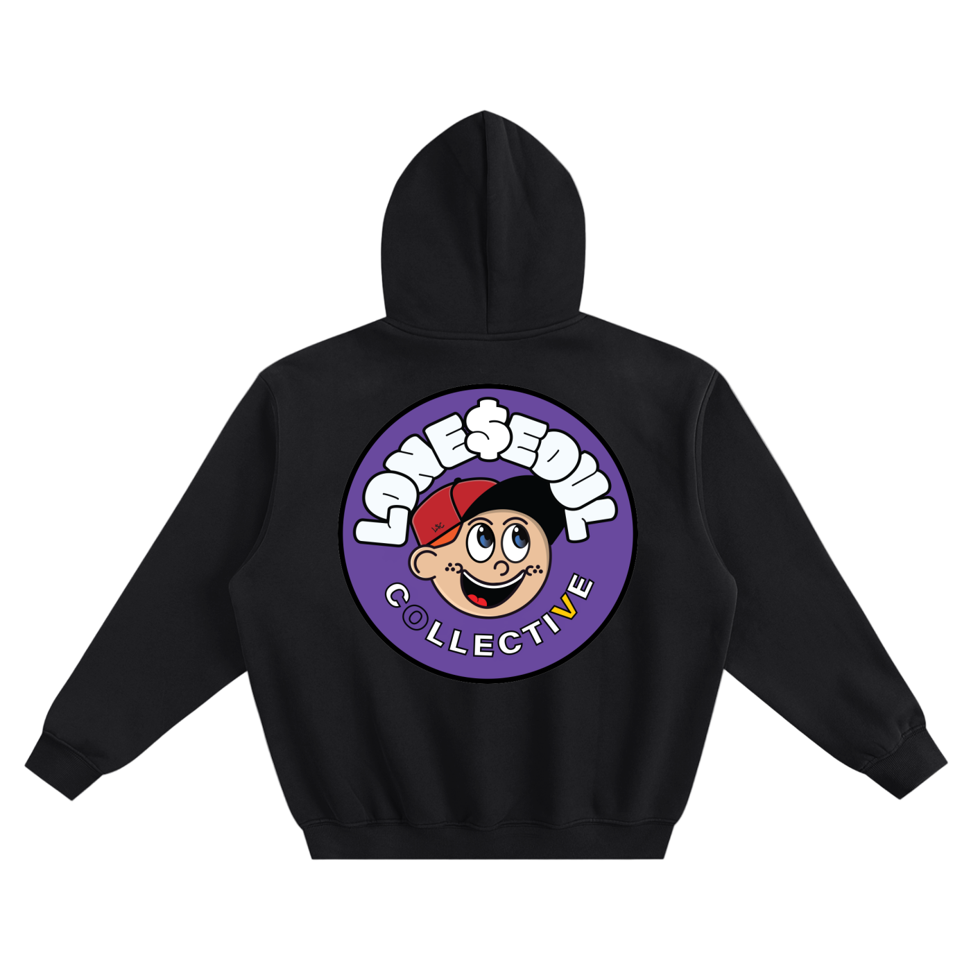 Black hoodie with a colorful logo on the back against a white background